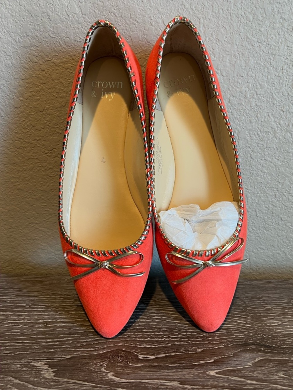 crown & ivy Coral pink orange Pointed-Toe Flats with Metallic gold Bow Trim